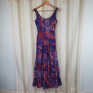 Kasper 90s Tiered Sleeveless Max Dress Watercolor Peacock Purple Size 4 Chiffon‎